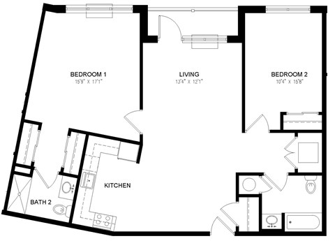 Floor plan for 2 beds, 2 baths, 1096 sqft